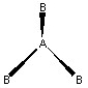 Which of the following pictures best illustrates a planar triangle shape for the fictional molecule AB<sub>3 </sub>? A) B) C) D)