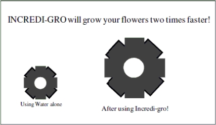 The following graphic was used to visually summarize the following statement made by Incredi- gro Fertilizer Company in a recent newspaper advertisement:  Our new Incredi- gro Fertilizer for flowers will grow your flowers two times faster than water alone.    A) No, although the dimensions have doubled, the area of the first flower is one quarter of the area of the second flower so the graphic incorrectly represents what is stated in the advertisement. B) Yes, the area of the first flower is half the area of the second flower. C) Not enough information available to make a judgment. More information is need about how fast flowers treated with incredi- gro fertilizer will grow and how fast flowers treated with water alone will grow. 