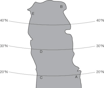 Use the following to answer questions: Refer to the map below. The map depicts a large continent of an imaginary world. The 20°, 30°, and 40°N latitudes are labeled.   -At which spot would you most likely find chaparral? A)  Site A B)  Site B C)  Site C D)  Site D E)  Site E