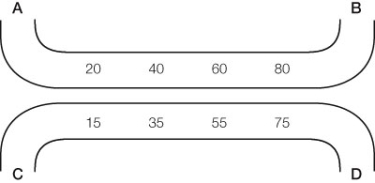 Refer to the diagram below of a countercurrent exchanger from a fish gill. The values represent percent saturation of O<sub>2</sub>. Based on this information alone, which of the following statements is true?   A)  Tube AB represents the flow of water and tube CD represents the flow of blood. B)  Tube CD represents the flow of water and tube AB represents the flow of blood. C)  The fluid in tube AB flows from A to B. D)  The fluid in tube CD flows from D to C. E)  Both a and c