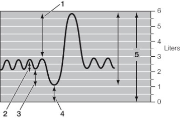 Refer to the diagram below of a spirometer tracing. Which of the following terms is paired incorrectly with its location on the spirometer tracing?   A)  1 - Inspiratory reserve volume B)  2 - Tidal volume C)  3 - Vital capacity D)  4 - Residual volume E)  5 - Total lung capacity