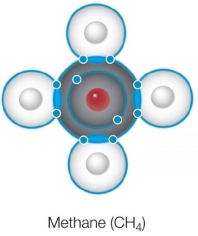 Refer to the Bohr model of methane shown below.   Which statement about this structure is true? A)  All bonds are ionic bonds. B)  All bonds are hydrogen bonds. C)  All bonds contain paired electrons from carbon. D)  All bonds contain paired electrons from hydrogen. E)  All bonds contain paired electrons shared between carbon and hydrogen.
