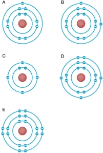 Refer to the figure below.   Which diagram represents a stable atom, and what element is it?