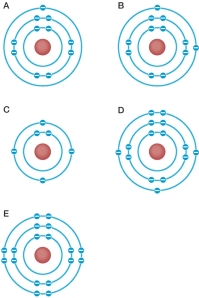 Refer to the figure below.   Which diagrams show atoms that will lose electrons to form a stable ion? List all that apply.