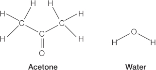 Refer to the figure below.   Two molecules are shown.Where is it most likely that a hydrogen bond would form? A)  Between one of the hydrogen atoms in acetone and the oxygen atom in water B)  Between one of the hydrogen atoms in acetone and one of the hydrogen atoms in water C)  Between the oxygen atom in acetone and the oxygen atom in water D)  Between the oxygen atom in acetone and one of the hydrogen atoms in water E)  Between the carbon atom in acetone and one of the hydrogen atoms in water