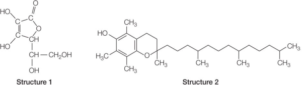 Refer to the figures below.   Two vitamin structures are shown.Which would be classified as a lipid, and why? A)  Structure 1, because of its similarity in structure to cholesterol B)  Structure 1, because most of its structure forms a ring C)  Structure 2, because of its carbon content D)  Structure 2, because of its nonpolar nature E)  Both structures, because of their carbon, hydrogen, and oxygen content