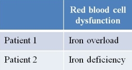 Refer to the figures and table below.     Human blood cell membranes import iron into the cell via receptor-mediated endocytosis.They do this using transferrin receptors to bind the iron-carrier protein transferrin, which carries two Fe<sup>3+</sup> ions per protein molecule.Panel A of the figure above shows two transferrin molecules (T<sub>f</sub>)  bound to one receptor (T<sub>f</sub>R) .Panel B shows the interaction between the regulatory protein HFE and the transferrin receptor, which results in inhibition of transferrin binding to the transferrin receptor.Genetic mutations in transferrin, transferrin receptor, or HFE can lead to red blood cell dysfunctions.How might mutations be involved in the two cases summarized in the table? A)  Patient 1 has a mutation in the transferrin gene that disrupts its ability to bind iron, and patient 2 has a mutation in the transferrin receptor gene that prevents it from binding transferrin. B)  Patient 1 has a mutation in the transferrin receptor gene that prevents it from binding transferrin, and patient 2 has a mutation in the HFE gene that prevents it from binding to the transferrin receptor. C)  Patient 1 has a mutation in the HFE gene that prevents it from binding to the transferrin receptor, and patient 2 has a mutation in the transferrin receptor gene that prevents it from binding HFE. D)  Patient 1 has a mutation in the transferrin gene that disrupts its ability to bind iron, and patient 2 has a mutation in the transferrin gene that prevents it from binding to the transferrin receptor. E)  Patient 1 has a mutation in the HFE gene that prevents it from binding to the transferrin receptor, and patient 2 has a mutation in the transferrin receptor gene that prevents it from binding transferrin.