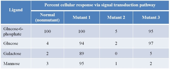 Refer to the table below.   The table summarizes results of experiments using a group of normal cells and three other groups of the same type of cells, each carrying a different mutation in a membrane receptor protein.The receptor is part of a signal transduction pathway that is stimulated by glucose-6-phosphate.Cells were tested for their ability to respond, via the signal transduction pathway, to a variety of ligand molecule, as shown in the table.Based on these data, which statement about these three mutations is plausible? A)  Mutations 1, 2, and 3 each broaden the specificity of ligand binding in different ways. B)  Mutations 1 and 3 broaden the specificity of ligand binding, while mutation 2 eliminates ligand binding. C)  Mutation 1 broadens the specificity of ligand binding, while mutations 2 and 3 eliminate ligand binding. D)  Mutation 3 has no effect on ligand binding, while mutations 1 and 2 have dramatic effects on ligand binding. E)  Mutations 1 and 3 have no effect on ligand binding, while mutation 2 has a dramatic effect on ligand binding.