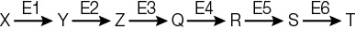 Refer to the figure and table below.     The figure shows a metabolic pathway catalyzed by a series of enzymes labeled with numbers.The metabolite T was tested for inhibitory effects on each enzyme in the pathway, and the results are summarized in the table.The extent of inhibition is indicated by the number of plus signs.Lack of inhibition is indicated by a minus sign.Which statement gives a valid conclusion from these results? A)  The production of T is not regulated by feedback inhibition. B)  The inhibitory mechanism of T involves reversible phosphorylation. C)  T is a competitive inhibitor of E4. D)  The step from X to Y is the first commitment step in the production of T. E)  The step from Q to R is the first commitment step in the production of T.