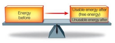 Refer to the figure below.   Does this figure illustrate both the first and second laws of thermodynamics? A)  No, the figure illustrates the first law of thermodynamics only, because it shows how the amount of energy remains constant during a transformation. B)  No, the figure illustrates the second law of thermodynamics only, because it shows how the amount of usable energy decreases as the result of a transformation. C)  No, the figure illustrates the second law of thermodynamics only, because both laws cannot operate simultaneously in the same system. D)  Yes, the figure illustrates both laws of thermodynamics because both laws state the same basic principle. E)  Yes, the figure illustrates both laws of thermodynamics because it shows conservation of total energy and a decrease in usable energy during a transformation.