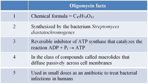 Refer to the table below listing facts about the compound oligomycin.   Which two facts taken together support the claim that cells convert the chemical energy of ATP into other forms of energy? A)  2 and 5 B)  1 and 4 C)  2 and 3 D)  3 and 5 E)  3 and 4