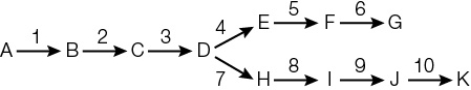 Refer to the figure below.   The figure shows a branched metabolic pathway involving metabolites indicated with letters.The enzymes catalyzing the steps in this pathway are indicated with numbers.What type of data would be expected, based on the pathway shown? A)  Enzyme 10 is allosterically activated by metabolite E. B)  Enzyme 3 is allosterically inhibited by metabolite G. C)  Enzyme 7 is allosterically inhibited by metabolite K. D)  Metabolite D functions as a competitive inhibitor of enzyme 1. E)  Metabolite G functions as a competitive inhibitor of enzyme 4.