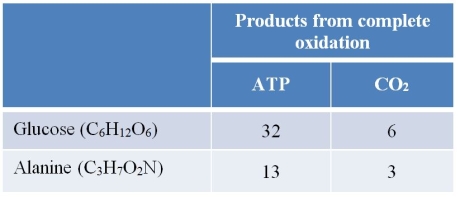 Refer to the table below.   The complete oxidation of 1 mole of glucose and the complete oxidation of 1 mole of alanine give the same products in different quantities, as shown in the table.Given this information, it can be stated that A)  alanine produces 6 more ATP per carbon oxidized than glucose. B)  glucose produces 4 more ATP per carbon oxidized than alanine. C)  alanine produces 2 more ATP per carbon oxidized than glucose. D)  glucose produces 1 more ATP per carbon oxidized than alanine. E)  alanine produces approximately the same ATP per carbon oxidized as glucose.