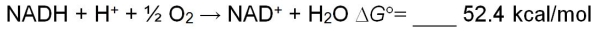 Refer to the reaction below.   This reaction occurs in several steps in the mitochondria of a cell and is responsible for the formation of a proton gradient across the inner mitochondrial membrane.The sign needed to fill in the blank above is _______.
