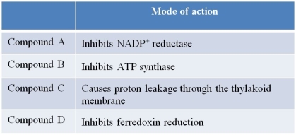 Refer to the table below summarizing how several compounds can be effective as herbicides.   Which compound or compounds applied to a green plant would not change the plant's ability to carry out chemiosmosis, and which compound or compounds would not change the plant's ability to produce NADPH? Assume that the plant uses both cyclic and noncyclic photophosphorylation systems. A)  Compound A would not change the plant's ability to carry out chemiosmosis, and compound C would not change the plant's ability to produce NADPH. B)  Compounds A and D would not change the plant's ability to carry out chemiosmosis, and compounds B and C would not change the plant's ability to produce NADPH. C)  Compound D would not change the plant's ability to carry out chemiosmosis, and compound B would not change the plant's ability to produce NADPH. D)  Compound C would not change the plant's ability to carry out chemiosmosis, and compound A would not change the plant's ability to produce NADPH. E)  Compounds B and D would not change the plant's ability to carry out chemiosmosis, and compounds A and C would not change the plant's ability to produce NADPH.