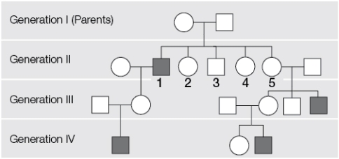 Refer to the figure showing a pedigree of a sex-linked recessive trait.Note here that only individuals that are affected are shaded; unshaded individuals may or may not be carriers.   Consider the affected son of female number 5.If his wife does not carry the allele, the probability that his first son will be affected with the trait is _______ percent.