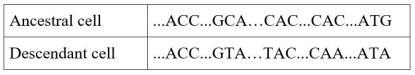 Refer to the table.   A bacterial cell has been exposed to a powerful mutagen.The chromosomal sequences of the ancestral cell and the descendant cell are shown.(The ellipses represent intervening sequences that are identical.) The sequences show that there have been _______ transitions and 1 transversion.