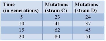 Yeast cells are sequenced periodically to examine them for new mutations.The table shows the results.   Is strain D accumulating mutations at roughly a linear rate? If yes, what is the rate? If no, is the accumulation faster or slower than linear?