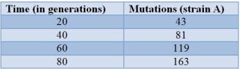 Yeast cells are sequenced periodically to examine them for new mutations.The table shows the results.   The population is accumulating mutations at a rate of about _______ mutations per generation.