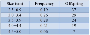 Shown is a table of the results of a study of grasshoppers showing frequencies of different size classes, along with the average number of offspring these individuals produce.   Assuming that size is a heritable trait (and that the number of offspring is a good proxy for the fitness of the phenotype) , which type of selection is operating in this population? A)  Stabilizing selection B)  Directional selection for larger individuals C)  Directional selection for smaller individuals D)  Disruptive E)  Intersexual