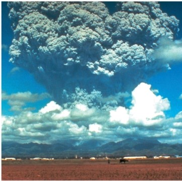 Refer to the figure, which shows volcanic activity.   Explain the consequences of the  parasol effect  of a volcano with respect to the global decline in species diversity found in the fossil record following episodes of heightened volcanic activity.