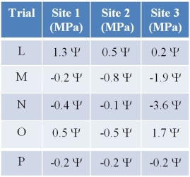 Refer to the table below.   Assume that you are a scientist interested in how water potential affects the flow of water in different tubes.You measure water potential (<font face= symbol ></font>)  in five experimental tubes designed to simulate the xylem of a tree.For each tube, you measure water potential in three different locations labeled sites 1, 2, and 3.For which experimental trial, shown in the table, would you expect the water to flow most freely from site 1 to site 3, based on the data? A)  L B)  M C)  N D)  O E)  P