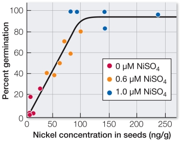 Refer to the graph showing data from a set of hydroponic experiments examining the dependence of germination on nickel levels.A number of plants are grown at different nickel concentrations for three generations.Some seeds from third generation plants are analyzed for nickel content, and some are germinated in solution lacking nickel.Many of the seeds germinate.   Which conclusion is valid? A)  Since more seeds germinate in the low nickel conditions, there must be too much nickel present. B)  The lack of nickel in the germination solution compensates for too much nickel in the seeds. C)  High levels of nickel are toxic to the plant. D)  When plants are grown with sufficient nickel, their seeds contain enough nickel to allow germination. E)  There must be small amounts of nickel present in the germination solution to allow the seeds to germinate.