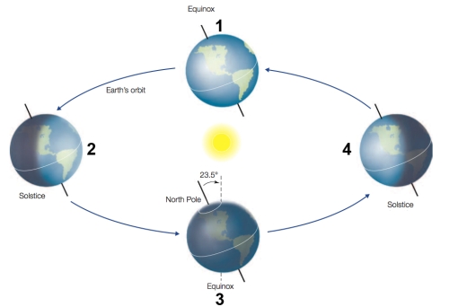 Refer to the figure below, showing the tilt of Earth's axis as it revolves around the sun, causing changes in the seasons.   Based on the diagram, which statement is true? A)  It is winter in North America when Earth is at position 2. B)  It is winter in North America when Earth is at position 4. C)  It is summer in North America when Earth is at position 1. D)  It is summer in South America when Earth is at position 3. E)  It is summer in South America when Earth is at position 4.