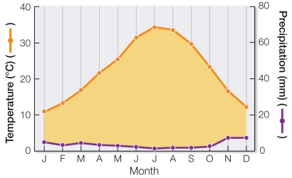 Refer to the figure below.   In this diagram, the precipitation curve falls below the temperature (yellow area) .This indicates a situation in which plant growth is A)  limited by temperature. B)  limited by water availability. C)  unlimited by temperature. D)  unlimited by water availability. E)  possible only in the winter months.