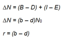 Refer to the equations shown.   A starting population has 150 animals.During the year, 50 animals are born and 30 die.Ten animals immigrate into the population, and 5 emigrate.At the end of the year, what is the per capita growth rate for this population? A)  r = 0.13 B)  r = 0.33 C)  ∆N = 20 D)  ∆N = 25 E)  ∆N = 50