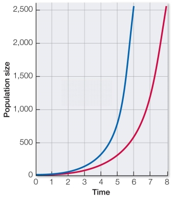 Refer to the graph below.   In the graph shown, what factor causes the difference in placement between the left and right growth curves? A)  The left curve has a greater per capita growth rate, or r. B)  The right curve has a greater per capita growth rate, or r. C)  The left curve has a larger starting population, or N<sub>0</sub>. D)  The right curve has a larger starting population, or N<sub>0</sub>. E)  The left curve changes by a constant number, the right by a constant proportion.