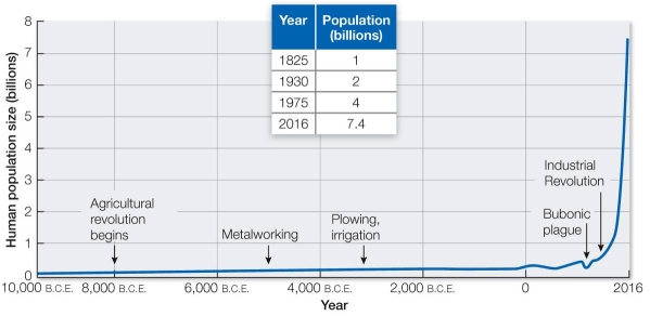 The graph shows the history of human population growth.Approximately how long did it take the human population to reach a total of 1 billion? To go from 1 to 7.4 billion? Briefly explain the reasons for the rapid increase in population since the year 1825.  