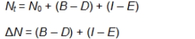 Two equations are often used to describe population growth:   What is the difference between the solutions of these two equations, N<sub>t</sub> and ∆N? A)  N<sub>t</sub> is the total population at time t; ∆N is the change in population over a time period. B)  N<sub>t</sub> is the change in population over a time period; ∆N is the total population at time t. C)  Both show changes in population size, but only N<sub>t</sub><sub> </sub>represents a population growth rate. D)  Both show changes in population size, but they are based on different time intervals. E)  Both show changes in population size, but they are based on different starting population sizes.
