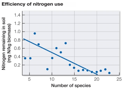 Refer to the graph, which is from Tilman's study on species diversity and community function in grassland ecosystems.It shows the change in efficiency of nitrogen use correlated with number of species in a community.   Based on the graph, one can conclude that as species richness increases, A)  nitrogen use decreases and nitrogen soil content increases. B)  nitrogen use increases and nitrogen soil content decreases. C)  both nitrogen use and nitrogen soil content increase. D)  both nitrogen use and nitrogen soil content decrease. E)  nitrogen use appears to decline but individual points show it is random.