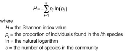 The Shannon index of species diversity is calculated using this equation:   Habitat A has a total of 100 birds, with the following numbers of individuals per species: 20, 25, 20, 15, and 20.Habitat B also has 100 birds, with the following numbers of individuals per species: 80, 5, 5, 5, and 5.What is the Shannon index for habitat A? A)  0 B)  1.59 C)  0.78 D)  <font face= symbol ></font>0.78 E)  0.32