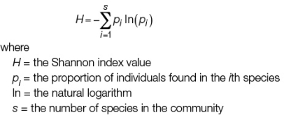 The Shannon index of species diversity is calculated using this equation:   Habitat A has a total of 100 birds, with the following numbers of individuals per species: 20, 25, 20, 15, and 20.Habitat B also has 100 birds, with the following numbers of individuals per species: 80, 5, 5, 5, and 5.Based on the Shannon indices for habitats A and B, which habitat (if either)  has a higher species diversity? A)  Habitat A, because although both H values are positive, its value is more positive. B)  Habitat A, because it has a positive H value, while habitat B has a zero value. C)  Habitat B, because although both H values are positive, its value is more positive. D)  Habitat B, because it has a negative H value, while habitat A has a positive value. E)  Neither; both habitats have the same number of species, so H values are irrelevant.