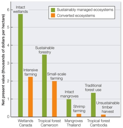 Refer to the graph.   Which conclusion can be drawn from the graph about the value of sustainable ecosystems, compared with the value of those converted entirely to human use? A)  Their value is only slightly greater. B)  Their value is generally several times greater. C)  Their value is generally several times less. D)  The values shown are estimates and are therefore meaningless. E)  The values shown are meaningless because ecosystems have no dollar value.