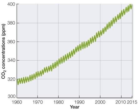 Refer to the graph, showing changes in atmospheric CO<sub>2</sub> concentrations in the Northern Hemisphere from 1960 to 2015.   The data indicate that the overall CO<sub>2</sub> concentration is _______, with yearly fluctuations due to _______. A)  variable; precipitation B)  increasing; ocean absorption C)  increasing; photosynthesis D)  decreasing; precipitation E)  decreasing; photosynthesis