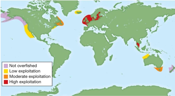 Refer to the figure.   From the map, determine the locations in the world where overfishing is the most serious problem.Which continents or regions show high, moderate, and low exploitation? Why are the exploited areas close to continents?