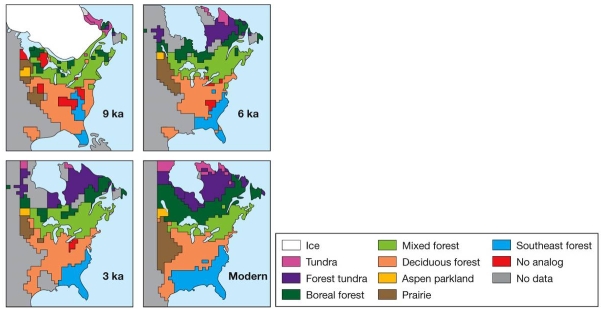 Refer to the figure.   According to the figure, which statement best describes the changes undergone by plant communities in the past 9,000 years (9 ka) ? A)  Boreal forests and forest tundra are moving southward. B)  Prairie is beginning to overtake southeast forest. C)  Most forests are becoming mixed forests. D)  Northern forests are tending to move southward. E)  Southern forests are tending to move northward.