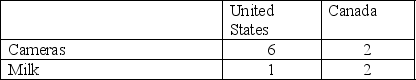 Assume a Ricardian,constant-cost world.There are two countries,the United States and Canada.Each country can produce cameras and milk.The table below shows production per man-hour for each country.   The United States has a labor force of 1,000 workers,and Canada has a labor force of 500 workers. a)Graph the world supply curve for cameras. b)Show a possible world demand curve and price (assuming that both countries completely specialize).<div style=padding-top: 35px> 