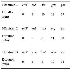 An interrupted mating study is carried out on the Hfr strains 1, 2, and 3. A small sample of each mixture is collected every minute for 20 minutes after conjugation is established. Results for each of the three Hfr strains are shown below. The total duration of conjugation (in minutes) is given for each transferred gene.  <div style=padding-top: 35px> 