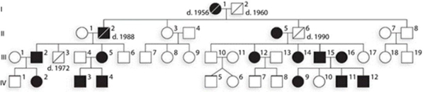 Huntington's disease is an autosomal dominant trait. Given the pedigree below, if individual IV- 4 has three children with a normal woman, what is probability that they would have at least one child with the disorder?   A)  1/8 B)  0 C)  1/2 D)  3/8 E)  7/8