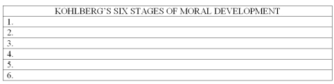 List,in order,the six stages of Lawrence Kohlberg's theory of moral development.   