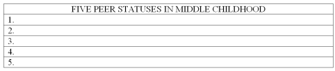List the five peer statuses in middle childhood.   