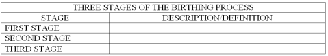 Name and briefly define/describe the three stages of the birthing process.   