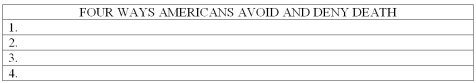 Name at least four ways that people avoid and deny the reality of death in the United States.   