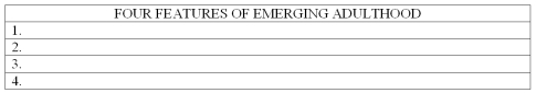 List at least four features of emerging adulthood.   