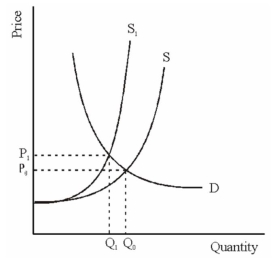 The diagram below illustrates a negative externality. S is the marginal private cost and S<sub>1</sub> is the marginal social cost.   Using this diagram, demonstrate graphically and explain verbally how the government can use a tax incentive to eliminate the problem caused by the negative externality.