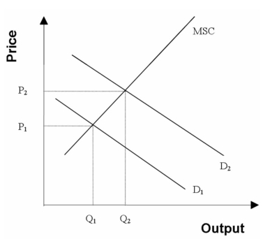 The diagram below illustrates an external benefit. D<sub>1</sub> is the marginal private benefit and D<sub>2</sub> is the marginal social benefit.   Using this diagram, demonstrate graphically and explain verbally how the government can subsidize the consumer so as to integrate the external benefit.